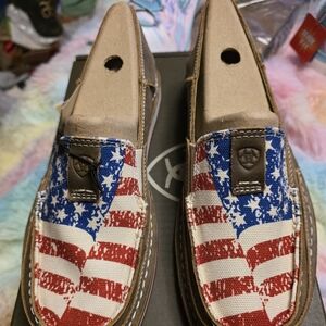 Wonens Ariat Cruisers Brown Bomber/ Distressed Flag Leather Slip Ons